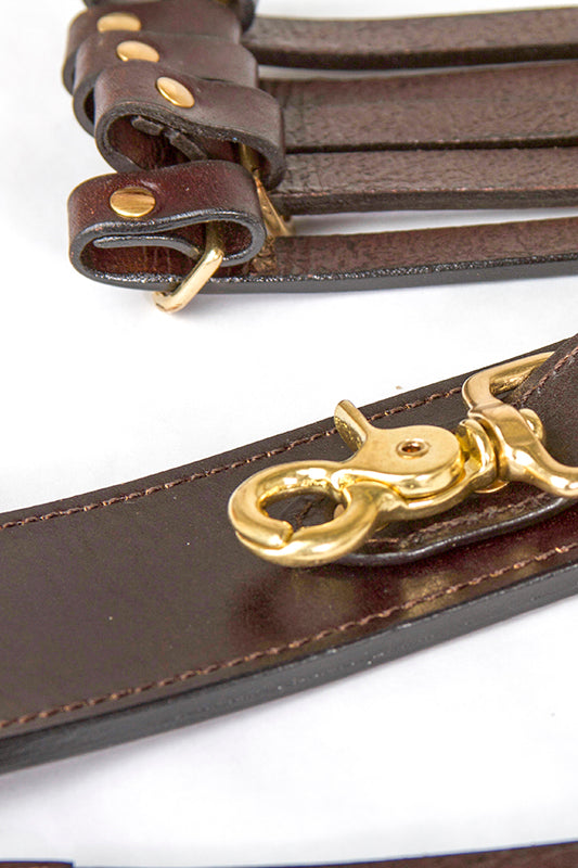 Close-up of brass clips and stitched loops