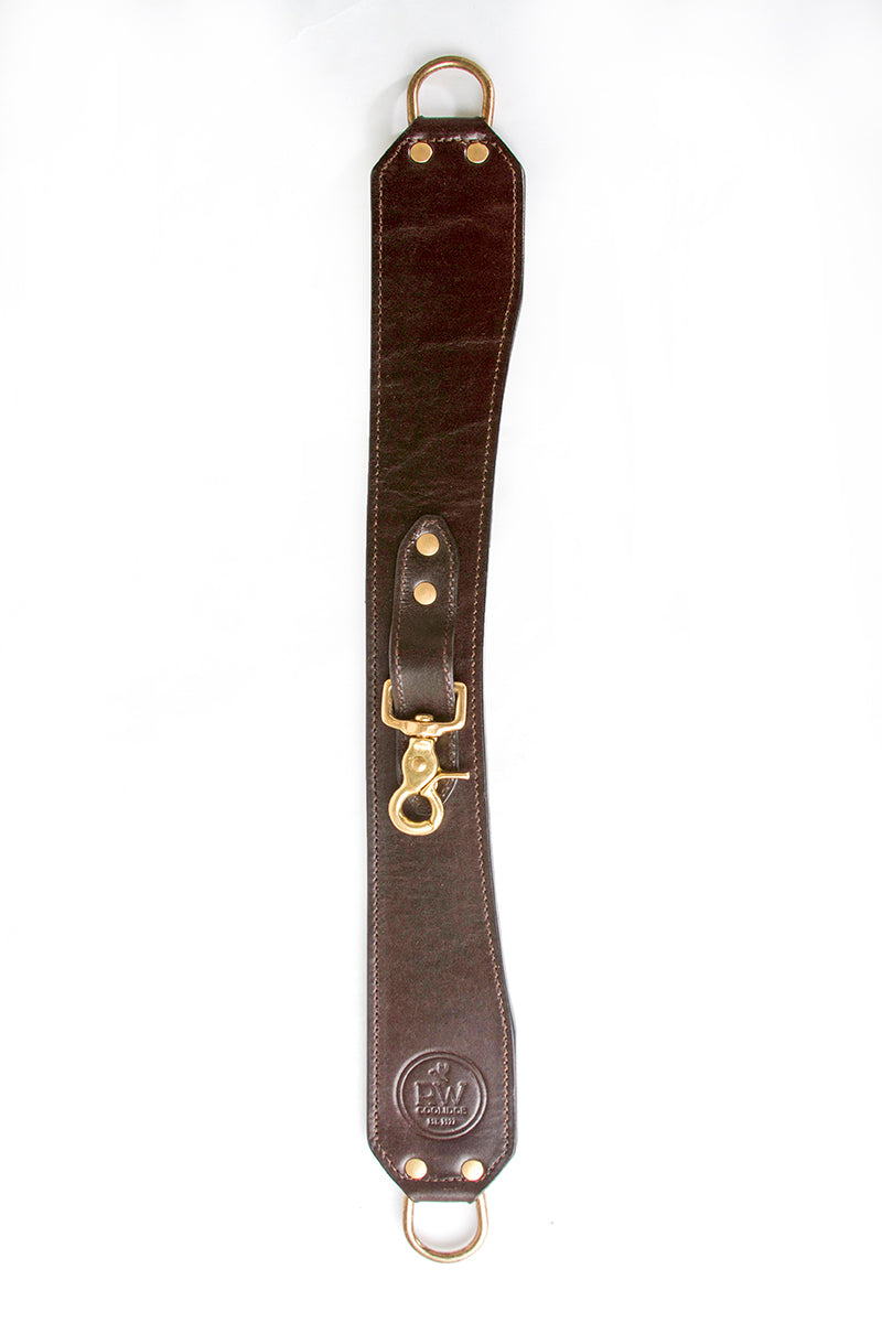 Full leather strap with brass D-ring and embossed RW Coolidge medallion