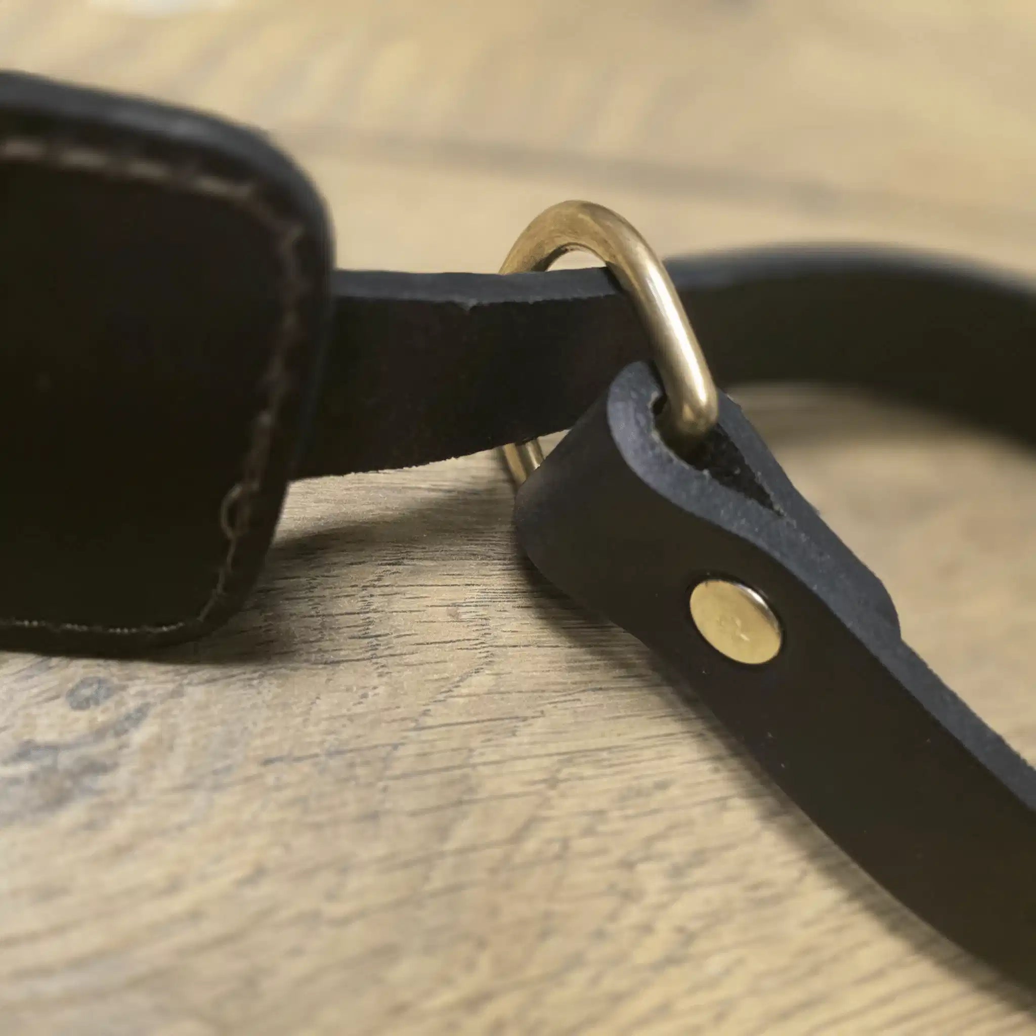 Solid brass D-ring and rivet hardware detail