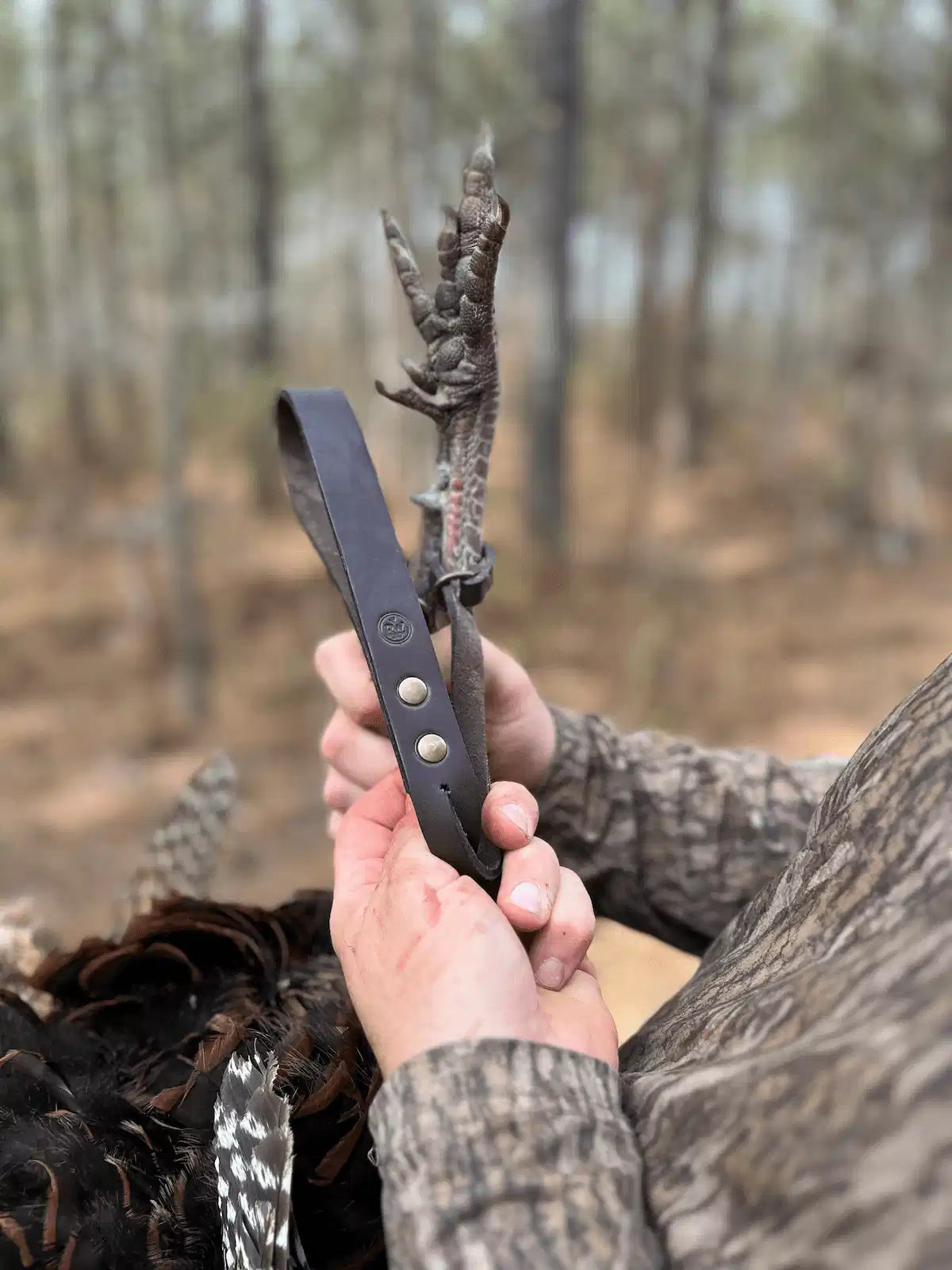 Turkey tote strap secured around turkey legs in the field